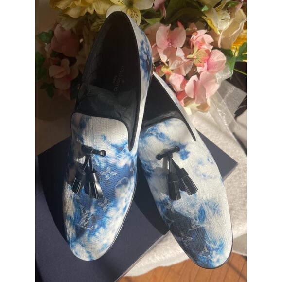 NEW LOUIS VUITTON Monogram Denim Tie Dye Mens Auteuil Slippers 7.5 Blue (800 - Picture 1 of 8